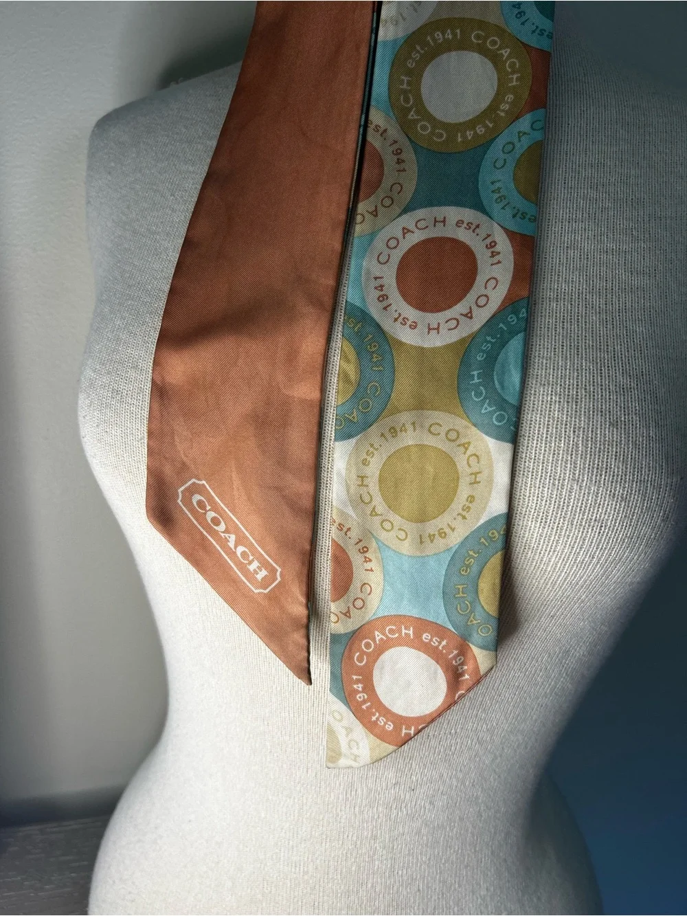 Coach Multicolor Circular Logo Silk Scarf/ Purse + Hair Tie Reversible Vintage
